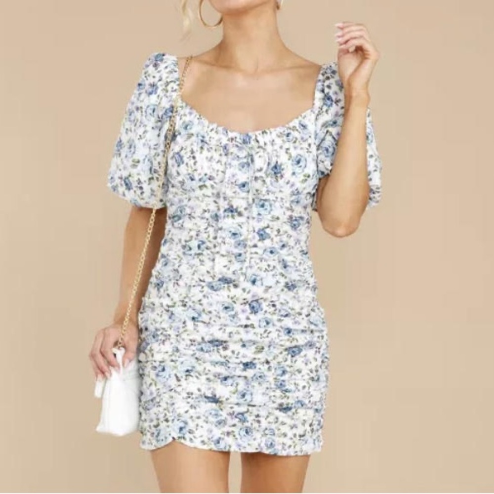 Mable White Blue Purple Florals Puffy Sleeve Ruched Cottagecore Dress Size M
